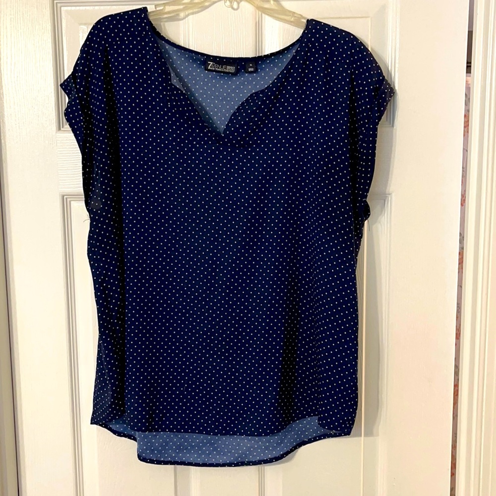Navy and white polkadot blouse